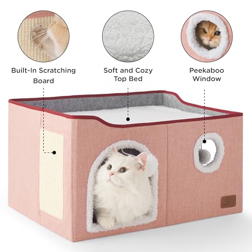 Extra Wide Cat House Bed with Fluffy Ball and Scratch Pad (Pink / Widen)