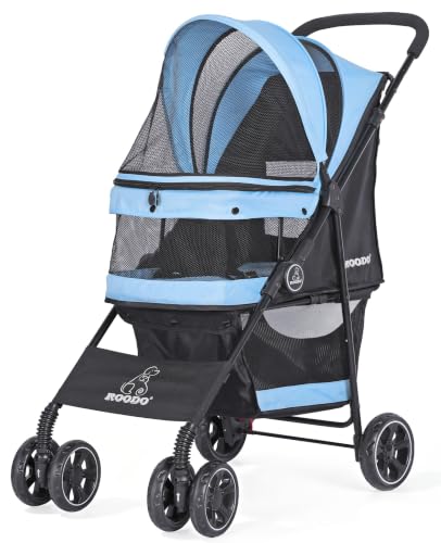 4 Wheel Dog Cat Pet Stroller Best Lightweight Foldable Compact Portable Jogger All Terrain Travel Pet Gear Puppy Doggie Bunny Kitty Stroller for up to 30lbs Medium Small Dogs Cats (Sky blue)