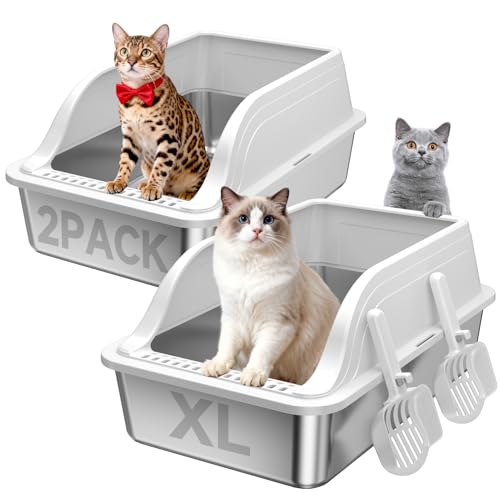 High Sided Stainless Steel XL Cat Litter Box for Cats (Grey XL 2 pack)