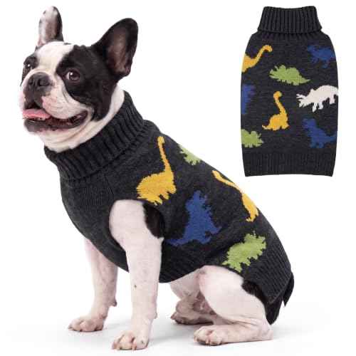 Dog Sweater for Small Medium Dogs Turtleneck Thick Knit (X-Large (19-27lbs) / Dinosaur)