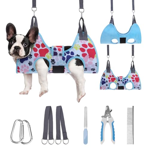 Dog Grooming Hammock Harness for Dogs & Cats with Pet Nail Clipper Trimmer (S / Blue)