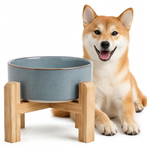 Elevated Ceramic Dog Bowl with Bamboo Stand (Gray Blue / 3.6Cup)