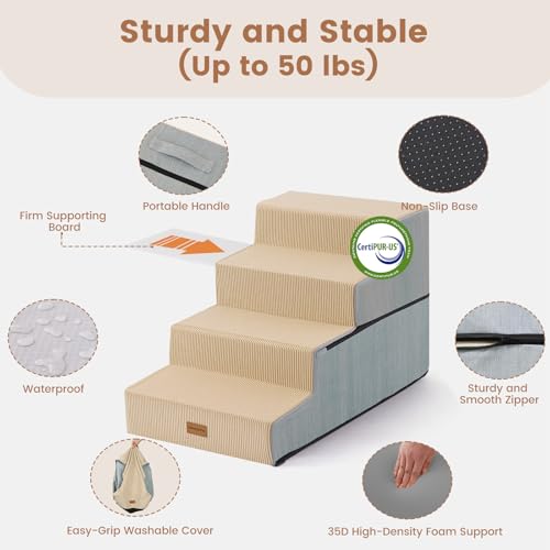 Dog Stairs for Small Dogs 18.5" H (Beige / 18"x29.5"x18.5"Extra Wide)