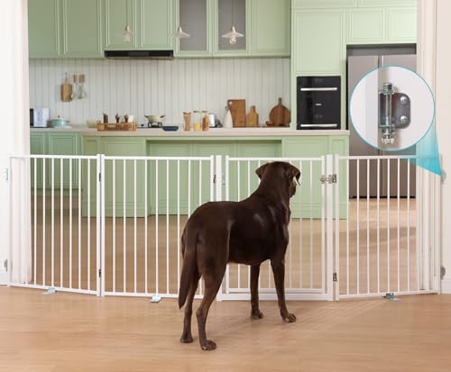 Freestanding Dog Gate with Door for Indoor & Outdoor (White / 【4 Panels with Door】104"W×30"H)
