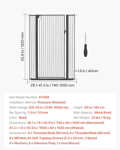 Extra Tall Pet Gate for Cats (Black / 29-41" Wide x 56" Tall)