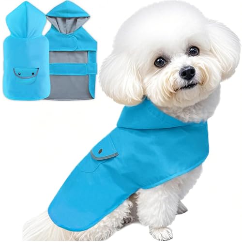 Dog Raincoat Small Dogs Rain Jacket for Puppy Reflective Waterproof Pet Clothes Poncho Rainwear Breathable Lined Pocket Hooded Leash Hole Adjustable Puppy (Blue / XS:Back Length 6.7")