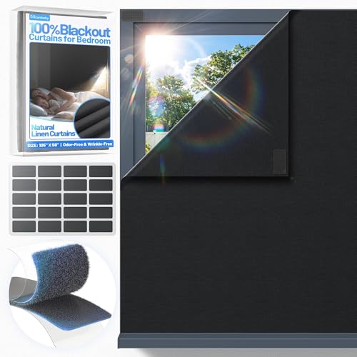 Linen Blackout Curtains for Bedroom Portable 105"×58" Blackout Window Cover (Black / 58"W x 105"H)