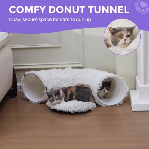 Plush Cat Tunnel Bed for Indoor Cats with Soft Cushion (White)