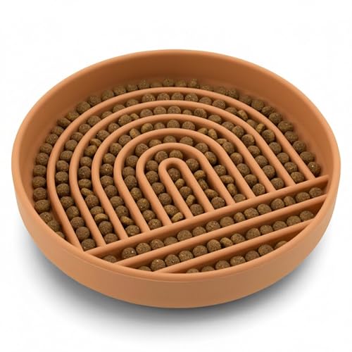 Slow Feeder Dog Bowl (Terracotta - Rainbow Design / Medium (7.5” Across x 1.5” Tall))