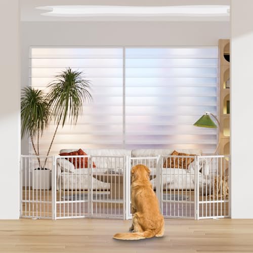 Full Metal Freestanding Dog Gate with Door (【6 Panels】120"W*32H" / White)