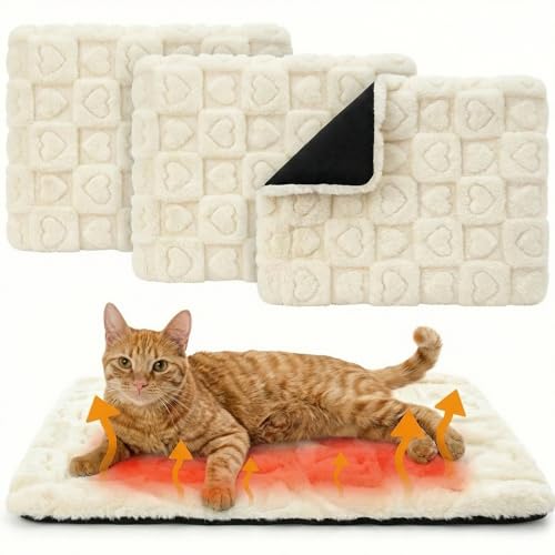 3 Pack Self Warming Cat Bed Mat Self Heating Dog Pad Reflects Body Warm Thermal Pet Pad Washable Non Slip Crate Kennel Bed Mat for Indoor Outdoor (Cream)