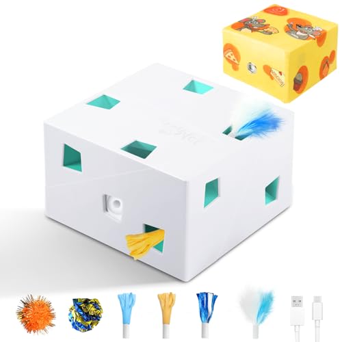 Automatic MigiBox Plus Cat Toys 3 in1 Interactive Pounce Mystery Under PopSkin 12 Holes Cardboard Kitten Toys for Indoor Rechargable 8 Accessories (White Plus / X Large)