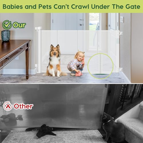 Reinforced 55" Wide Retractable Baby Gates for Doorways to Prevent Crawling Under (White / 33" Tall x 55" Wide（ With Reinforced Bar ）)