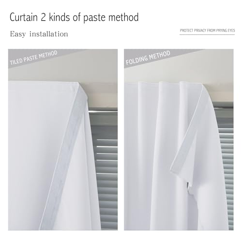 Blackout Curtains with Self Adhesive Tape No Rod No Drill Easy Install Window Cover for Bedroom Kitchen Dorm 46" W x 79" L White 1 Panel (46"W x 79"L (Pack of 1) / White)