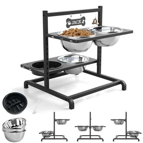 Elevated Dog Bowl Stand with 4 Stainless Steel Bowls (Black - 4 Bowl Stand & Slow Feeder / Large Dogs)