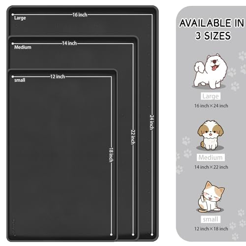 Silicone Cat & Dog Food Mat for Floors Waterproof (Black / 22''×14'')