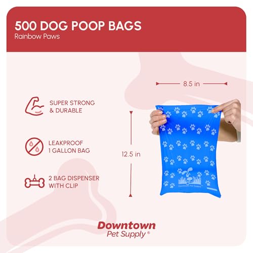 Poop Bags for Dogs with Dispenser (500 Count (Pack of 1) / Rainbow with Paw Prints)