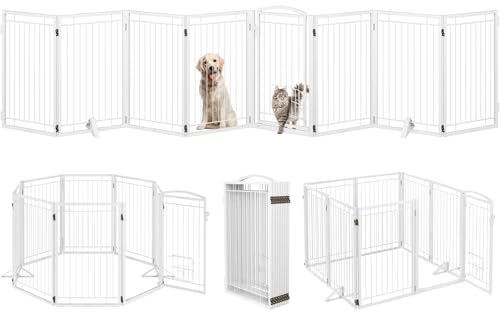 Full Metal Freestanding Dog Gate with Cat Door for Indoor & Outdoor (White / 【8 Panels with Door】160"W×32"H)