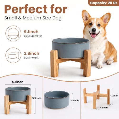 Elevated Ceramic Dog Bowl with Bamboo Stand (Gray Blue / 3.6Cup)