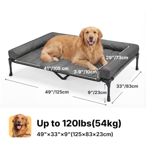 Outdoor Elevated Dog Bed with Waterproof Bolster Cushion (Black Silver / 49.0"L x 33.0"W x 9.0"Th)