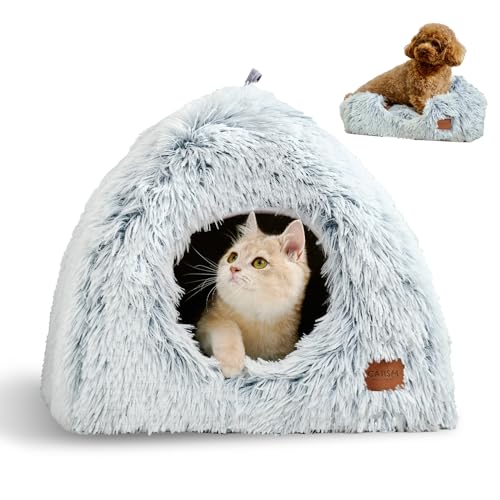 Cat Beds for Indoor Cats 2 in 1 Cat Bed Cave Machine Washable Fluffy Cat Cave Bed Foldable Non (Gray / L(17.7 x 17.7 x 17.7 Inch))