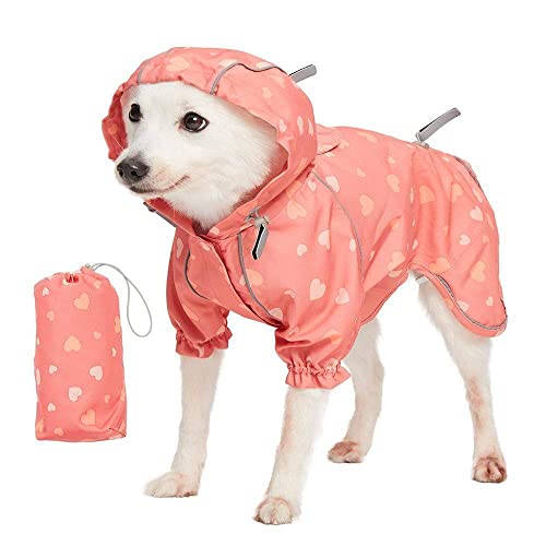 10" Heart Prints Lightweight Reflective Waterproof Dog Raincoat with Hood & Harness Hole (10 Inch / 2-legged - Pink, Heart Prints)