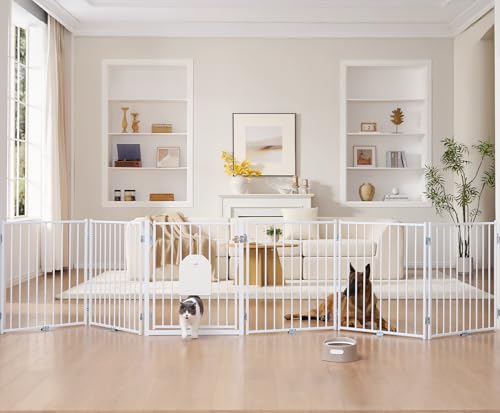 Freestanding Dog Gate with Cat Door for Indoor & Outdoor (White / 【6 Panels with Cat Door】30''Tall, 156" Wide)