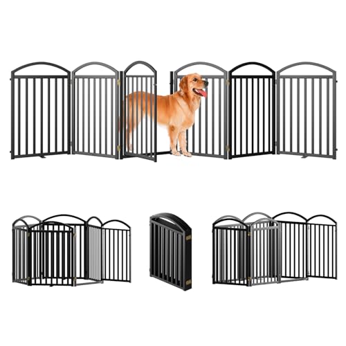 6 Panels Full Matel Freestanding Dog Gates with Door (【6 Panels with Door】144"W*32H" / Black)