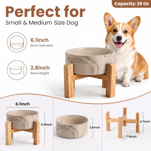 Elevated Ceramic Dog Bowl with Bamboo Stand (Marble Brown / 3.6Cup)