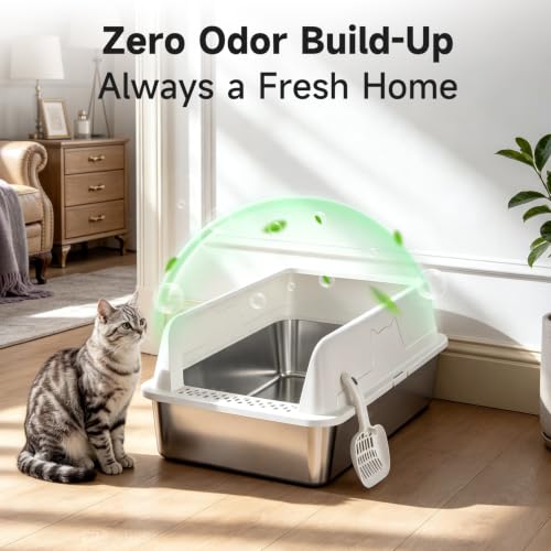 High Sided Stainless Steel XL Cat Litter Box for Cats (White XL)