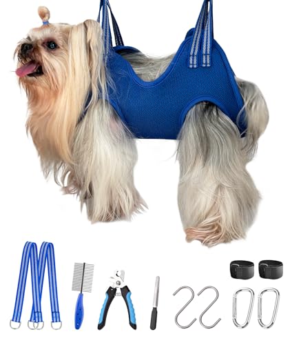 10 in 1 Dog Grooming Hammock Harness with Nail Clippers (XXS/Under 8 lb / Blue)
