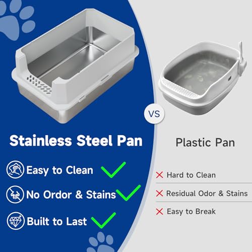 TENTIZON Stainless Steel Cat Litter Box with Lid (Light Grey)