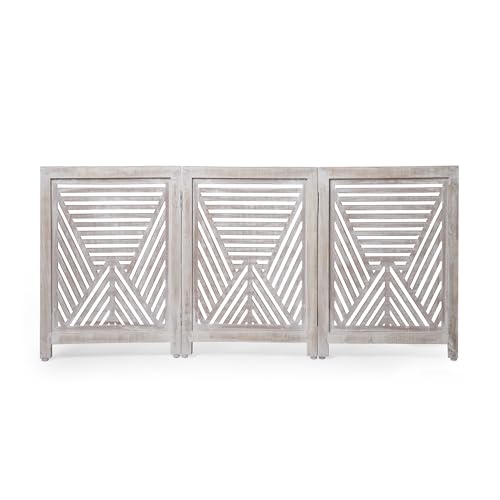 Lightnpro 3 Panel Carved Wooden Dog Gate (White Wash / 24x54 - Clover)