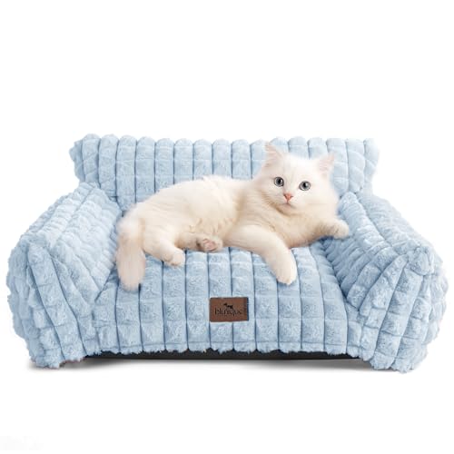 Cat Couch Bed with Fluffy Faux Rabbit Fur for Indoor Cats (Light Blue / Small: 24"L x 18"W x 10"Th)