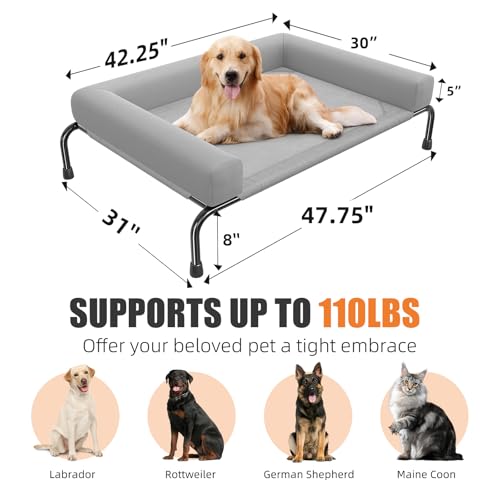 Elevated Dog Bed for Large Dogs with Bolsters (Grey / 47.75"L x 31"W x 8"H)