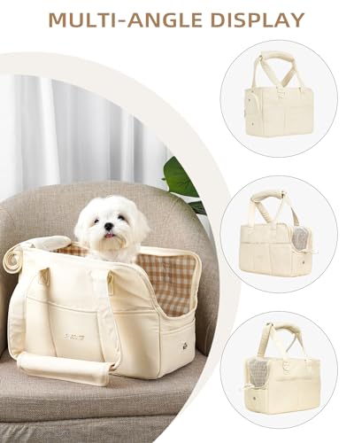 Dog Purse Carrier for Small Dogs Rabbit cat with Large Pockets (Beige / 13.6"L x 6.5"W x 10.0"H)