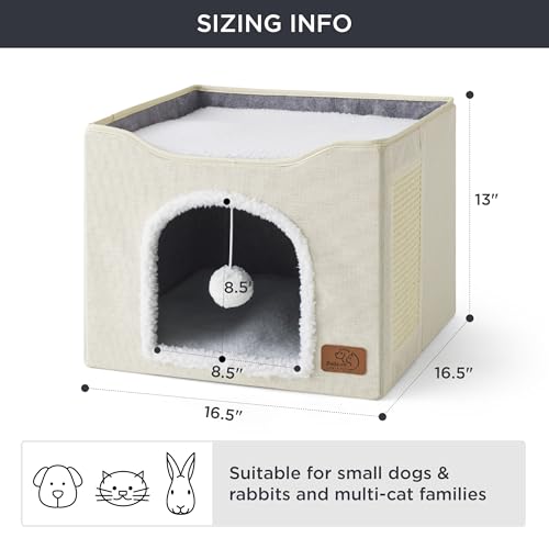 Cat House Bed for Indoor Cats with Fluffy Ball and Scratch Pad (Ivory / Single)