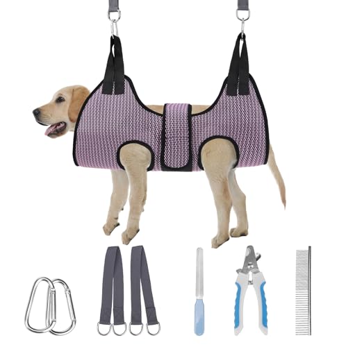 Dog Grooming Hammock Harness for Dogs & Cats with Pet Nail Clipper Trimmer (M / Pink)