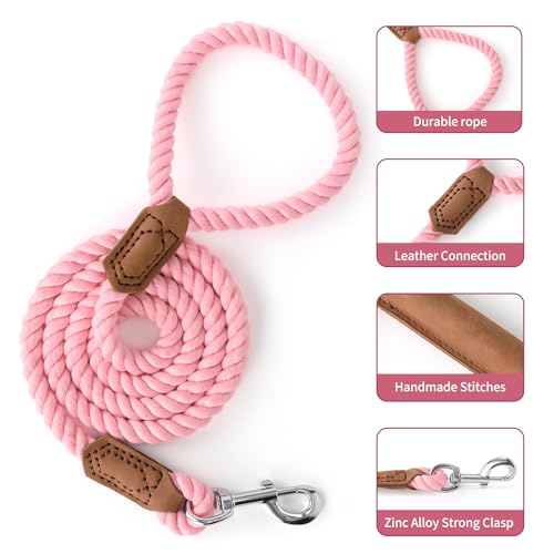 Dog Leash Braided Cotton Rope with Leather (Pink / 60 Inch-1/2")