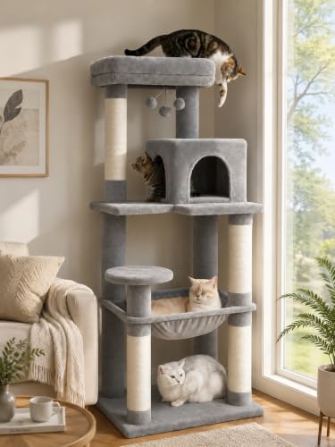 56.3" Cat Tree with Metal Hammock (Grey / 56.3in)