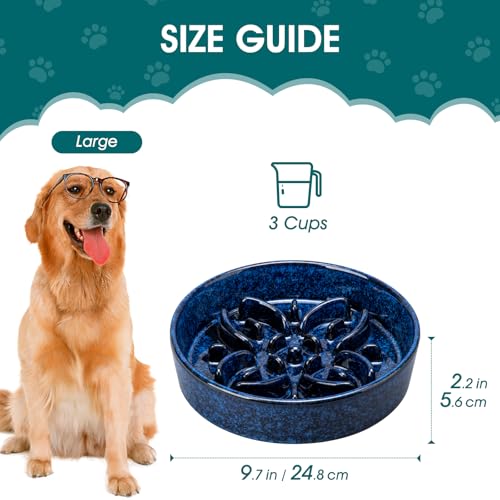 Ceramic Slow Feeder Dog Bowls (L-3 Cups / Blue)