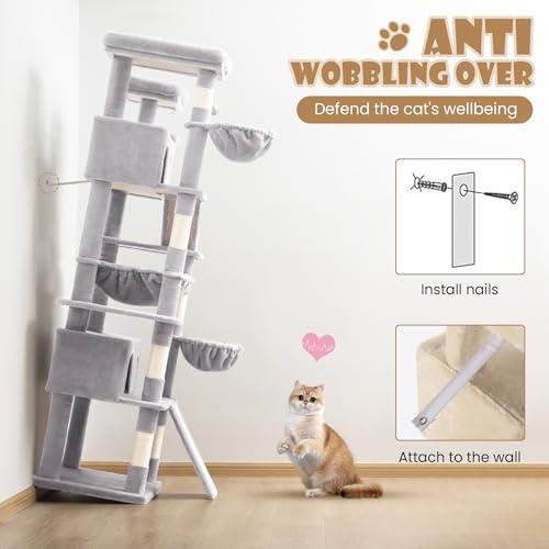 81in Multi Level Tall Cat Tree Tower for Indoor Kitties (Grey)
