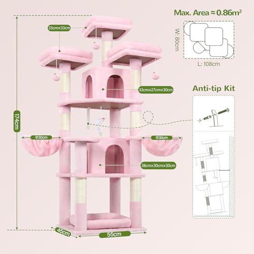 Big XL Cat Tower for Indoor Multiple Cats (Pink / 68 inch)