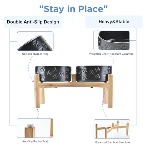 Elevated Dog Bowls Ceramic (7.3 in - 5.3 cups / Paw Black)