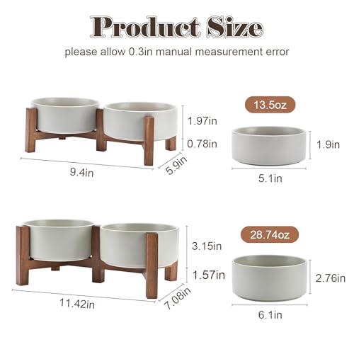 Ceramic Dog Bowls with Acacia Wood Stand (28.74 Oz / Gray)