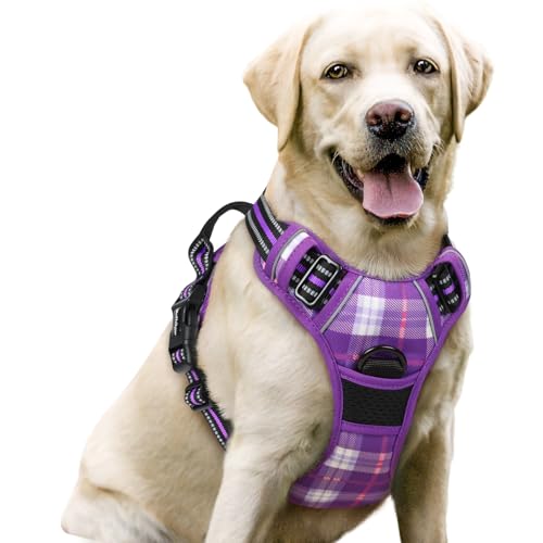 Dog Harness No Pull for Large Dogs with 2 Leash Clips (Large / Purple Plaid)
