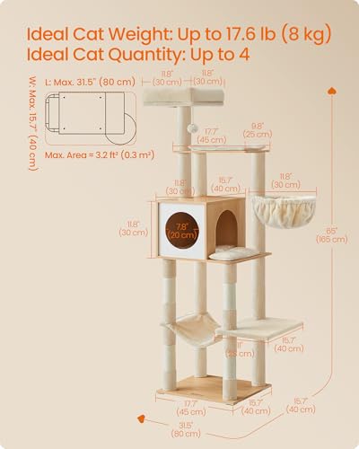 Cat Tree, 65-Inch Tall Cat Tower, Multi-Level Condo with Cave (Almond Yellow)