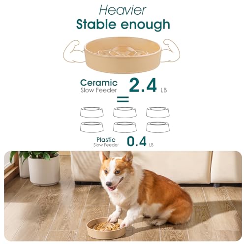 Ceramic Slow Feeder Dog Bowl (M - 1.5 Cups / Khaki)