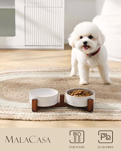 Dog Bowl Set Ceramic Bowls with Walnut Wood Stand (Five-leaf Grass+Honeycomb / 2 Cups)