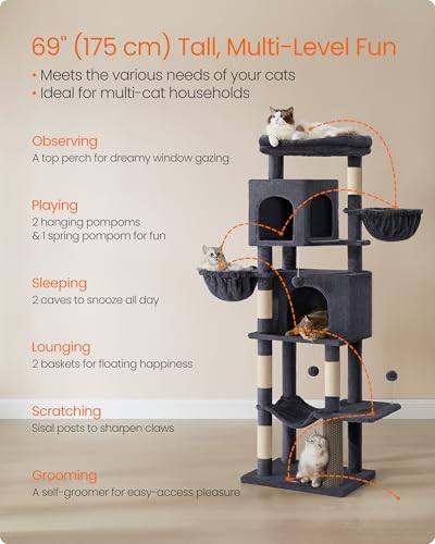 Cat Tree, 69-in Large Cat Tower, Multi-Level Condo, Dark Gray (Dark Gray)